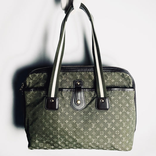Louis Vuitton LV Dark Khaki Mini Lin Mary Kate Besace Monogram Logo GHW Shoulder Shopper Tote Bag