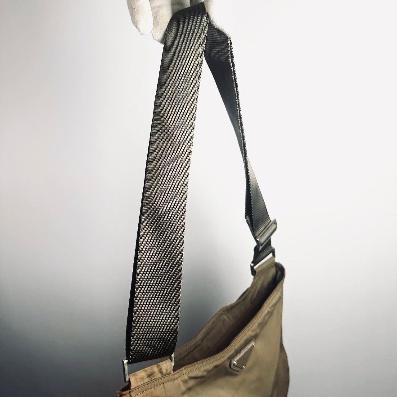 Prada Khaki Beige Monogram Logo Tessuto Nylon & Leather Shoulder Sling Bag