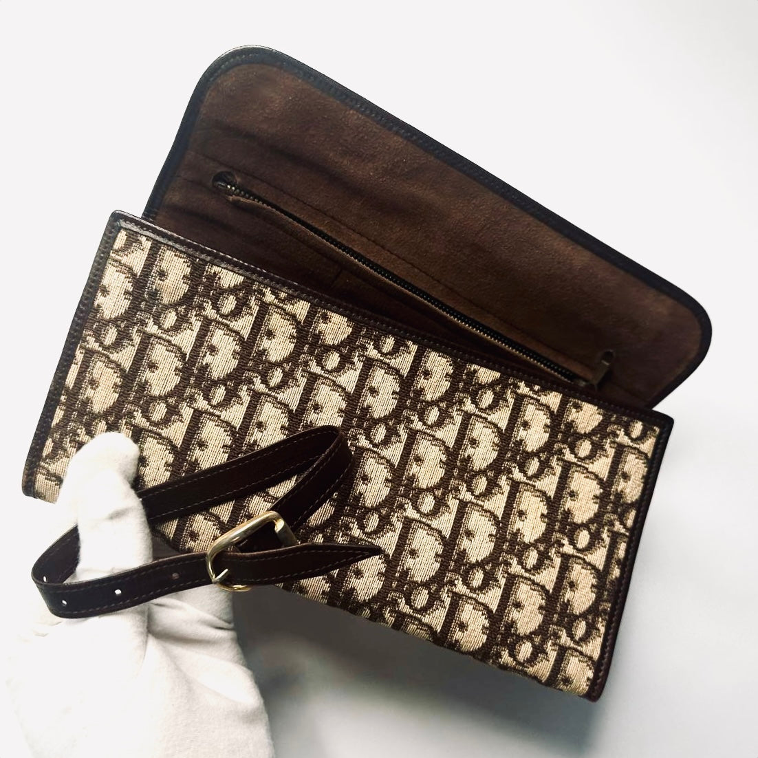 Christian Dior CD Dark Brown Oblique Monogram Logo Vintage Flap Trifold Clutch Case Pouch