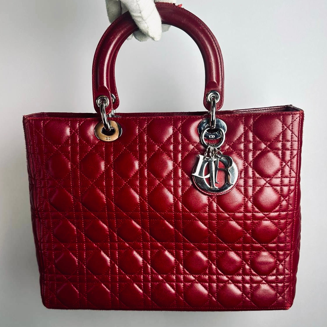 Christian Dior CD Cherry Red Large Lady Dior Cannage Quilted Lambskin Monogram Logo 2-Way Top Handle Shoulder Sling Bag