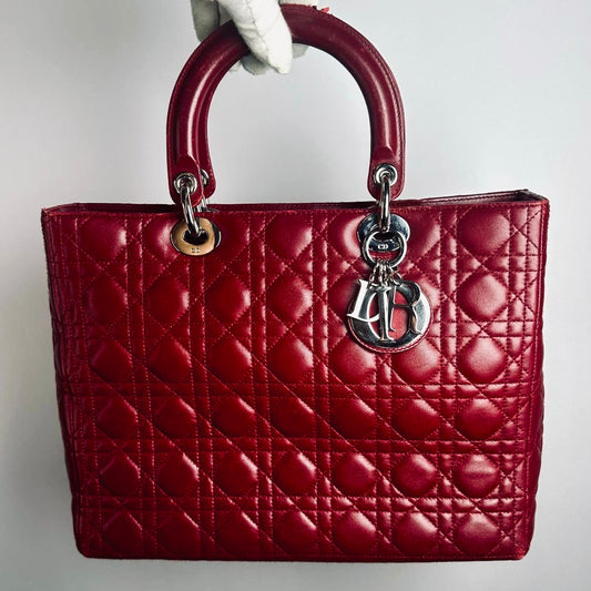 Christian Dior CD Cherry Red Large Lady Dior Cannage Quilted Lambskin Monogram Logo 2-Way Top Handle Shoulder Sling Bag