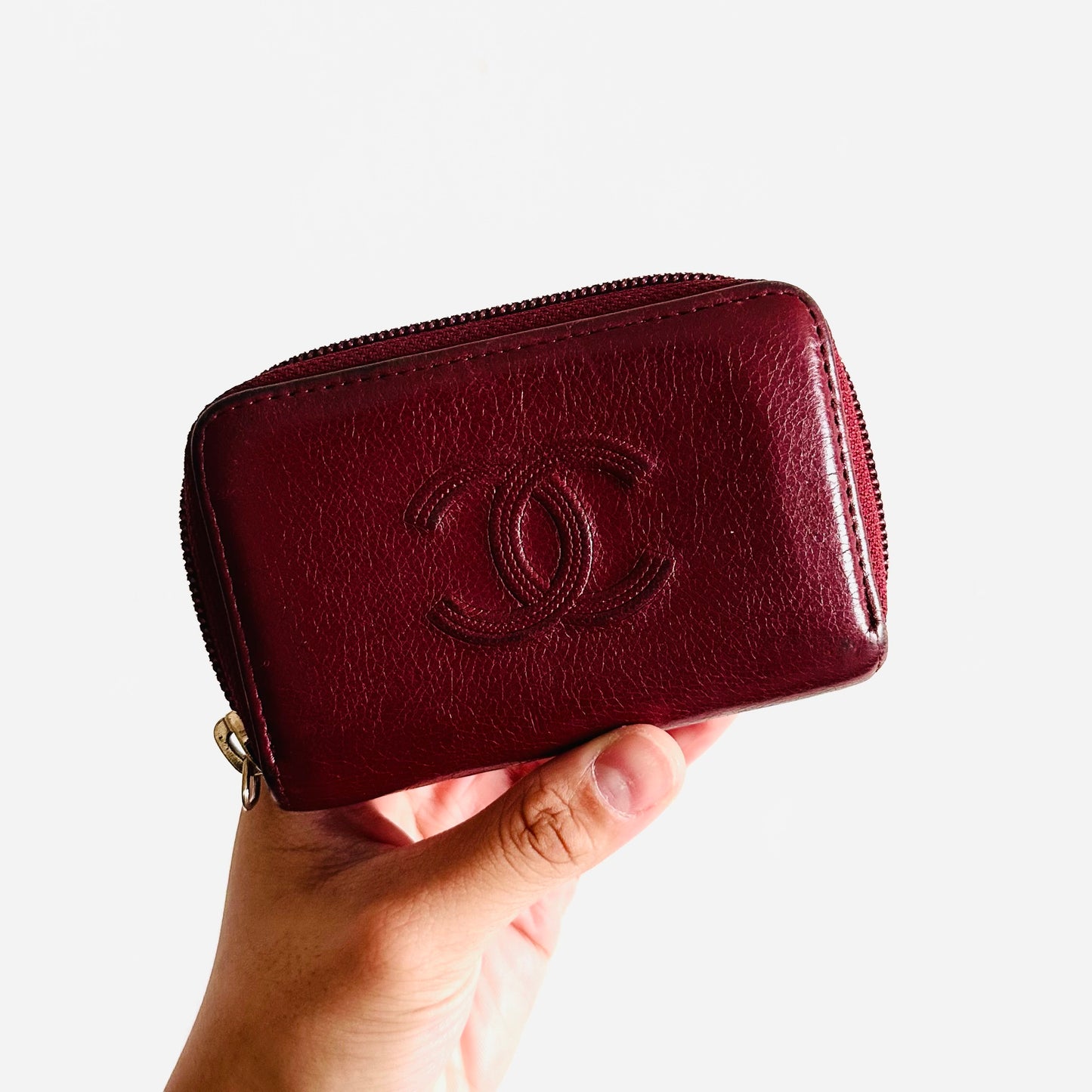 Chanel Maroon GHW CC Logo Chevre Leather Compact Zippy Zip Around Wallet 30s