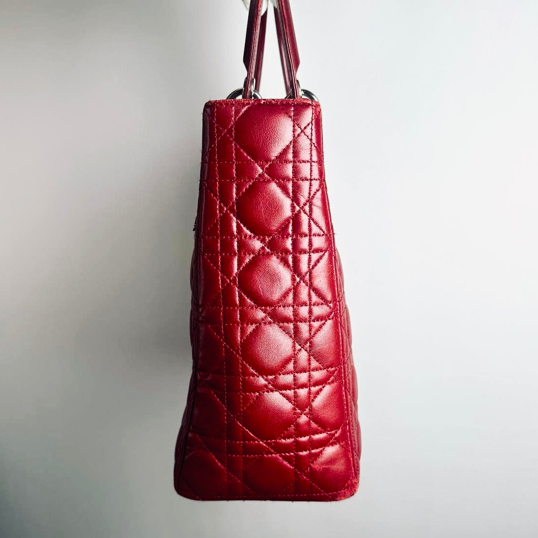 Christian Dior CD Cherry Red Large Lady Dior Cannage Quilted Lambskin Monogram Logo 2-Way Top Handle Shoulder Sling Bag