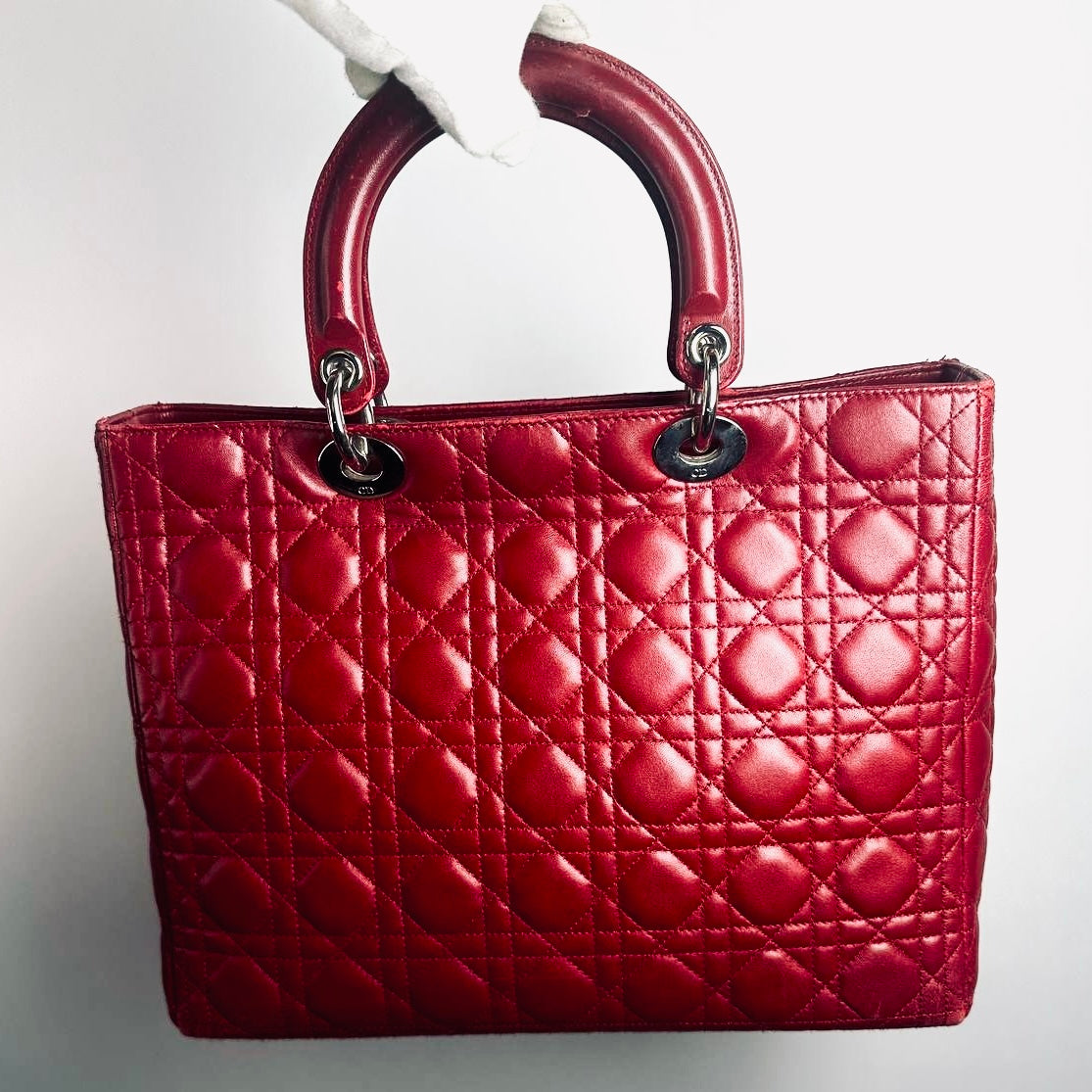 Christian Dior CD Cherry Red Large Lady Dior Cannage Quilted Lambskin Monogram Logo 2-Way Top Handle Shoulder Sling Bag