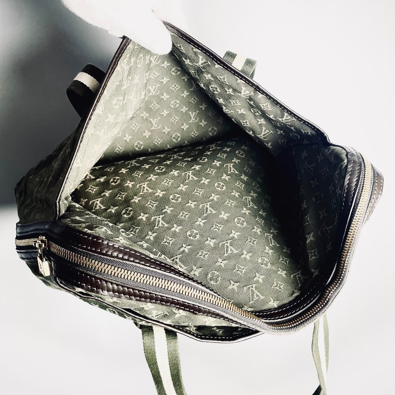Louis Vuitton LV Dark Khaki Mini Lin Mary Kate Besace Monogram Logo GHW Shoulder Shopper Tote Bag