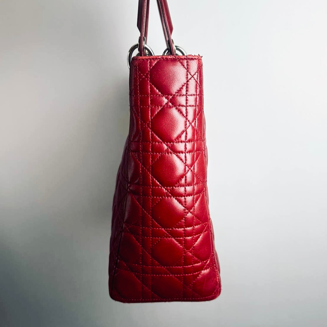 Christian Dior CD Cherry Red Large Lady Dior Cannage Quilted Lambskin Monogram Logo 2-Way Top Handle Shoulder Sling Bag