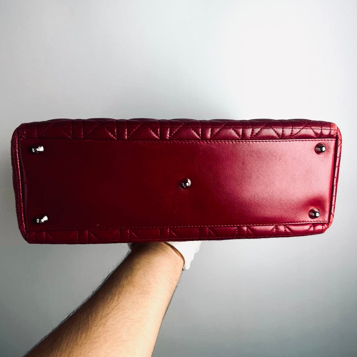 Christian Dior CD Cherry Red Large Lady Dior Cannage Quilted Lambskin Monogram Logo 2-Way Top Handle Shoulder Sling Bag