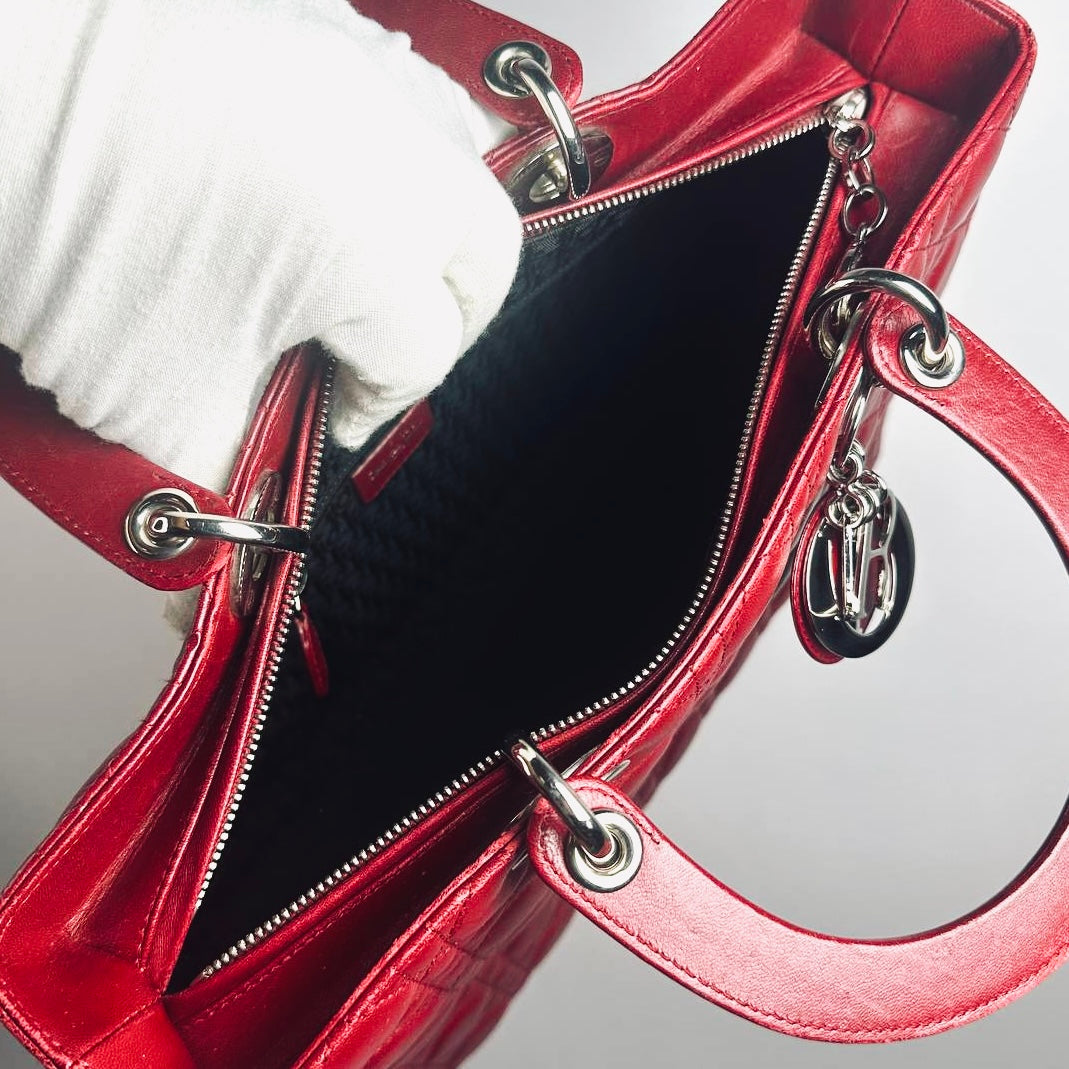 Christian Dior CD Cherry Red Large Lady Dior Cannage Quilted Lambskin Monogram Logo 2-Way Top Handle Shoulder Sling Bag