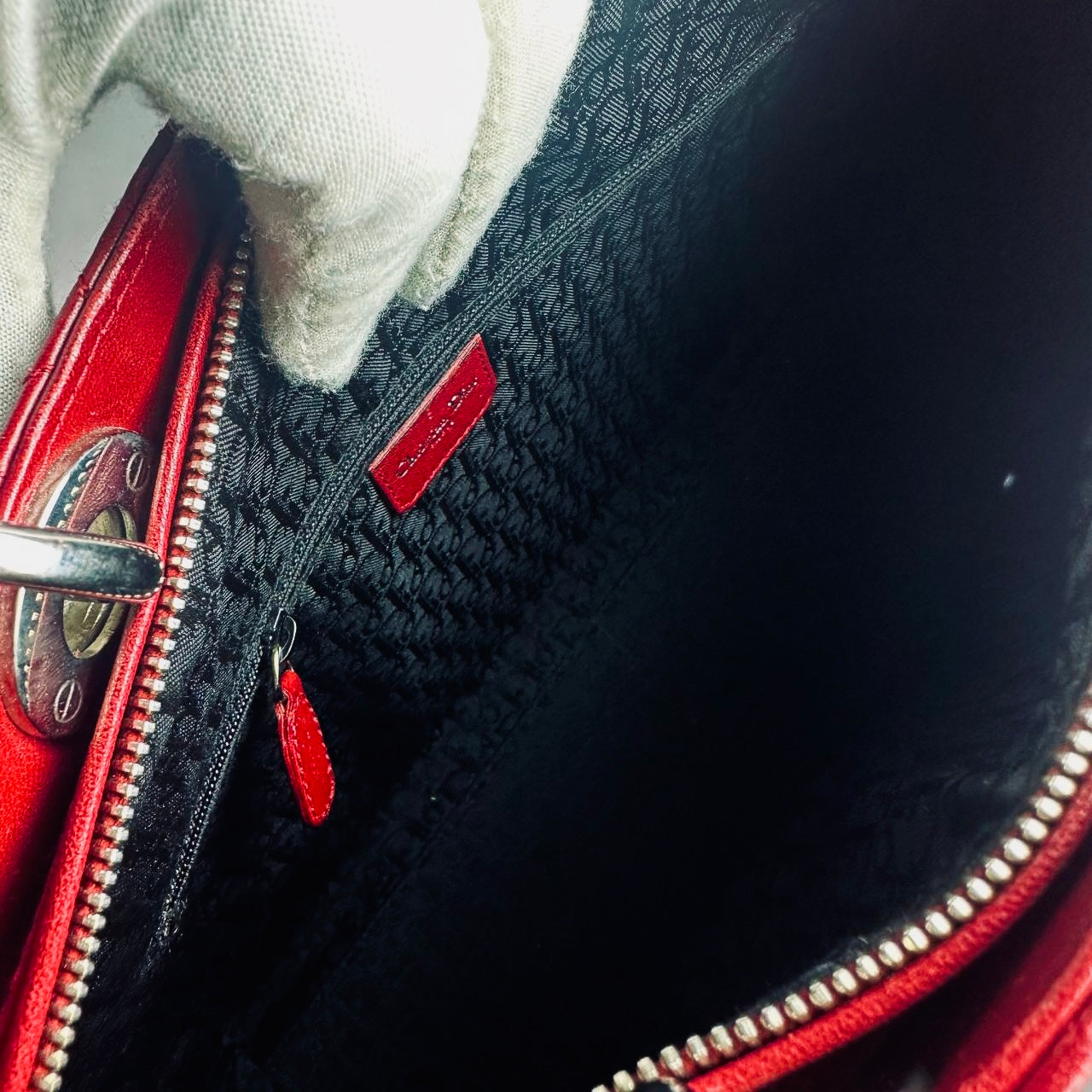 Christian Dior CD Cherry Red Large Lady Dior Cannage Quilted Lambskin Monogram Logo 2-Way Top Handle Shoulder Sling Bag