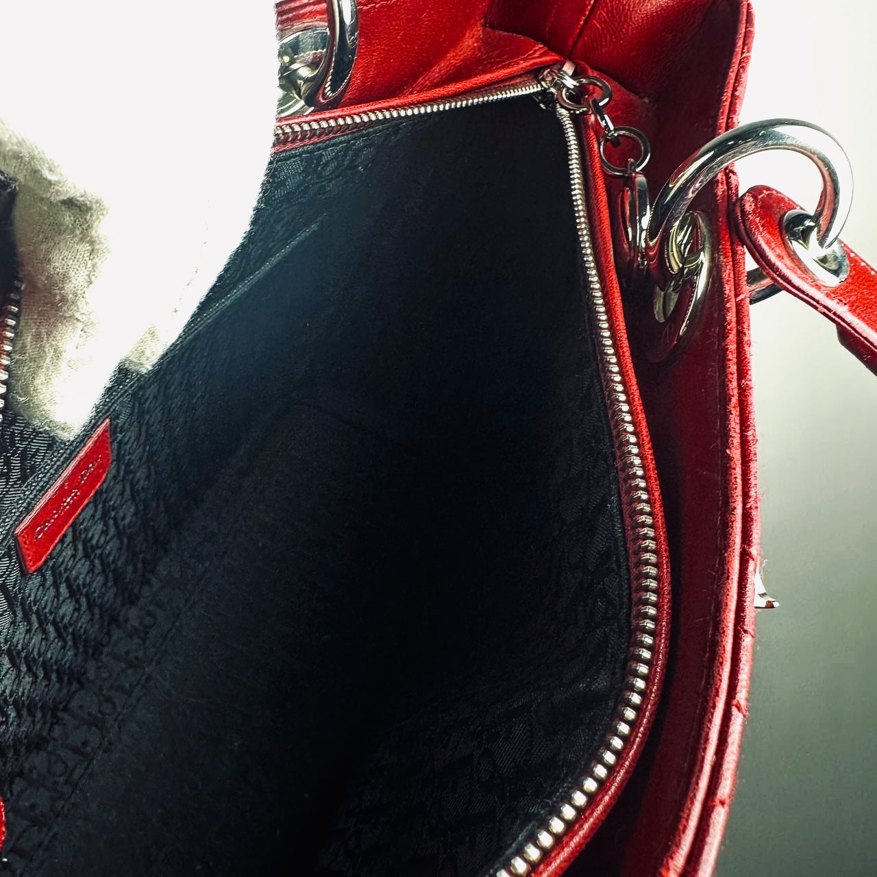 Christian Dior CD Cherry Red Large Lady Dior Cannage Quilted Lambskin Monogram Logo 2-Way Top Handle Shoulder Sling Bag