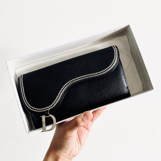 Christian Dior CD Saddle Black Monogram Logo Chevre Leather Flap Bifold Long Wallet