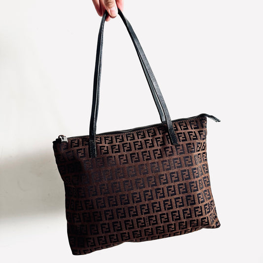 Fendi Dark Brown Zucca FF Monogram Logo Structured Shoulder Zip Tote Bag