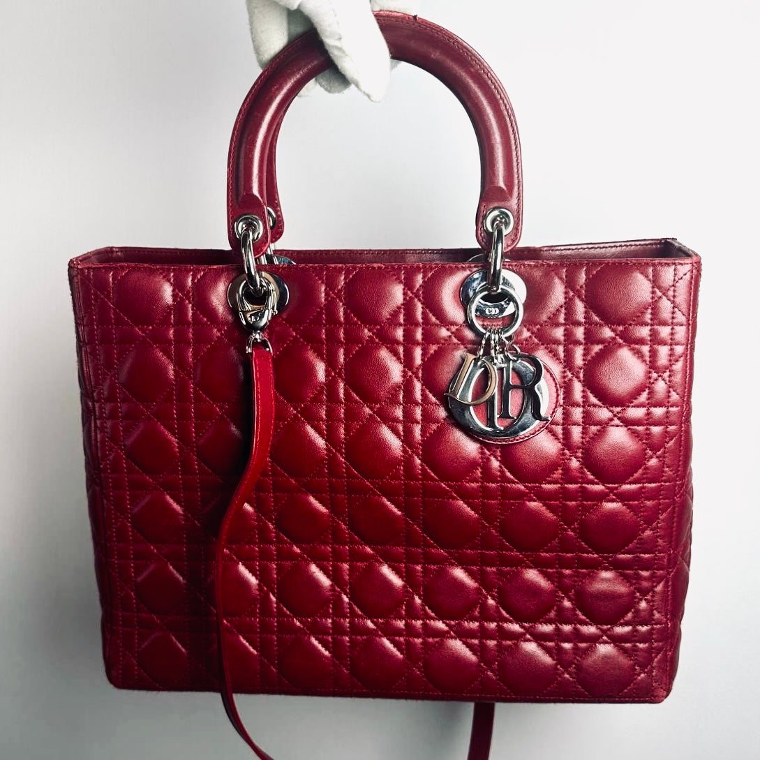 Christian Dior CD Cherry Red Large Lady Dior Cannage Quilted Lambskin Monogram Logo 2-Way Top Handle Shoulder Sling Bag