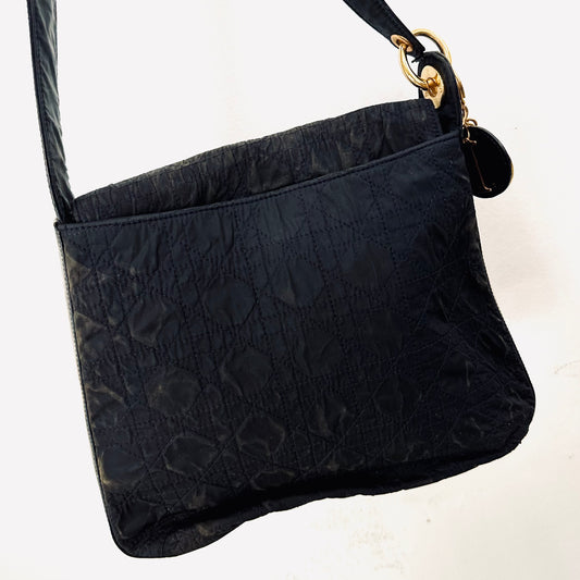 Christian Dior CD Lady Dior Black GHW Quilted Cannage Nylon Monogram Logo Flap Shoulder Sling Bag