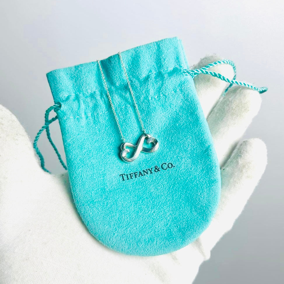 Tiffany & Co T&C Paloma Picasso Infinity Double Heart Pendant Classic 925 Sterling Silver Chain Necklace