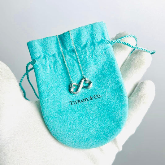 Tiffany & Co T&C Paloma Picasso Infinity Double Heart Pendant Classic 925 Sterling Silver Chain Necklace