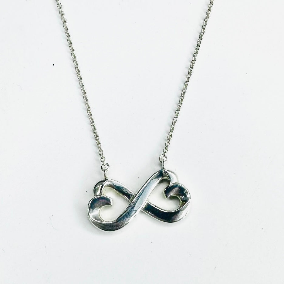 Tiffany & Co T&C Paloma Picasso Infinity Double Heart Pendant Classic 925 Sterling Silver Chain Necklace
