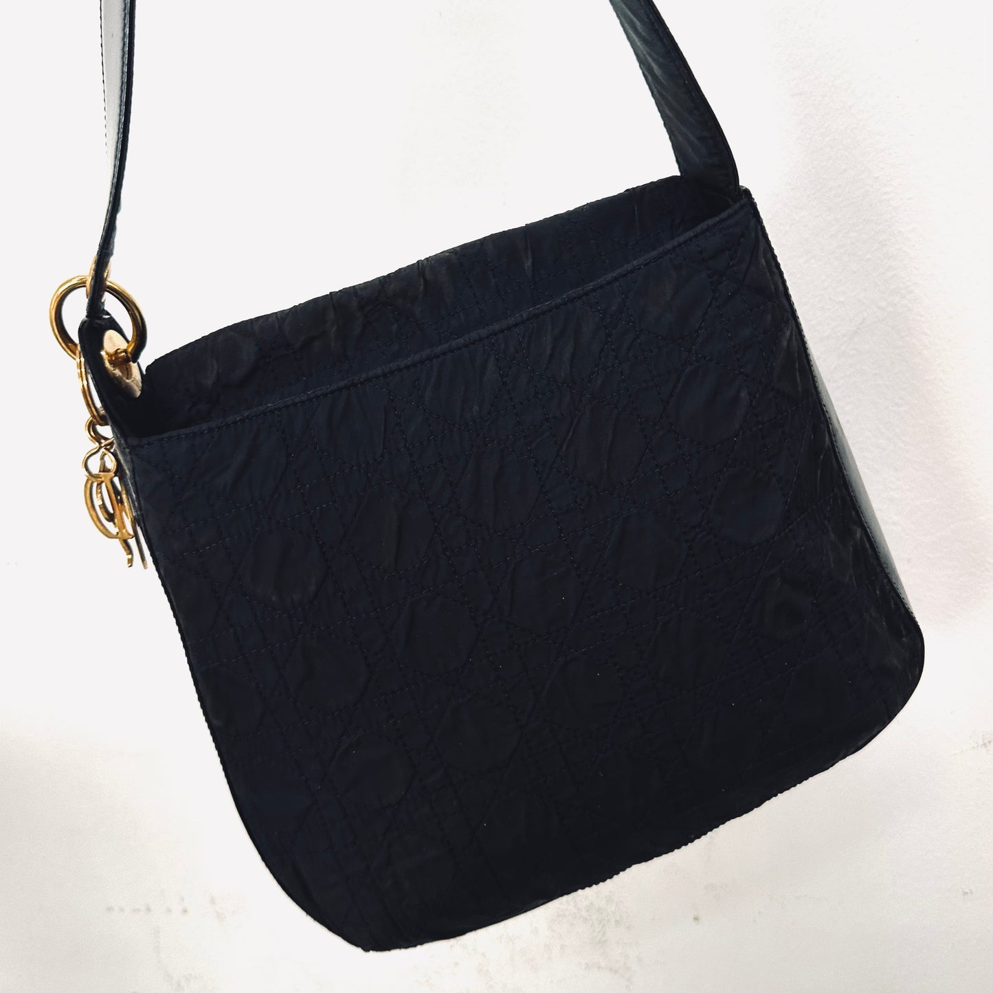 Christian Dior CD Lady Dior Black GHW Quilted Cannage Nylon Monogram Logo Flap Shoulder Sling Bag