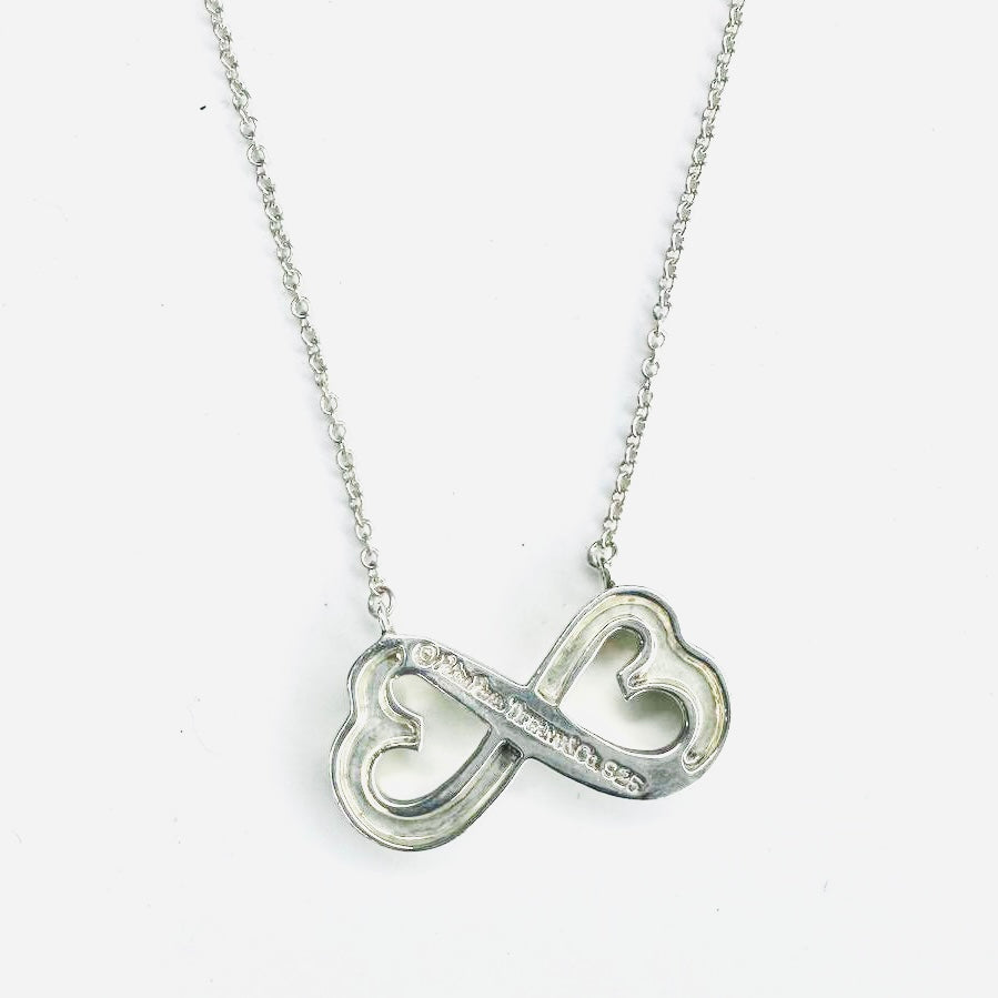 Tiffany & Co T&C Paloma Picasso Infinity Double Heart Pendant Classic 925 Sterling Silver Chain Necklace