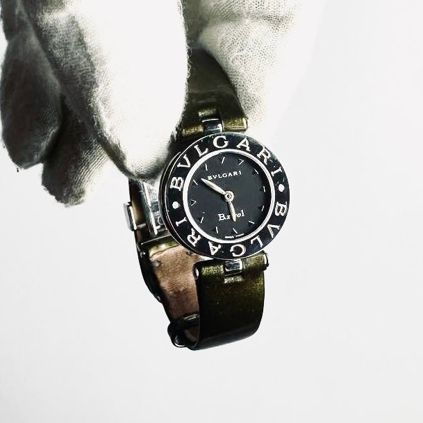 Bvlgari Bulgari Bzero B Zero Black Round Dial Stainless Steel 22MM Quartz Olive Leather Strap Watch