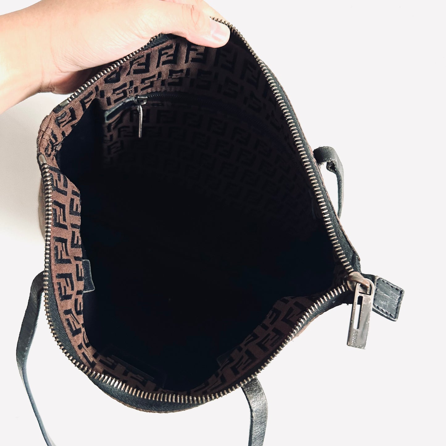 Fendi Dark Brown Zucca FF Monogram Logo Structured Shoulder Zip Tote Bag