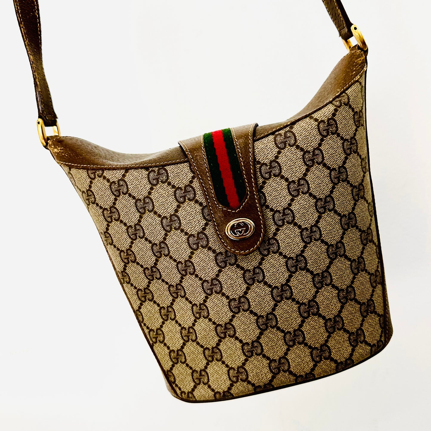 Gucci Beige Supreme Ophidia GHW GG Monogram Logo Bucket Flap Shoulder Sling Bag