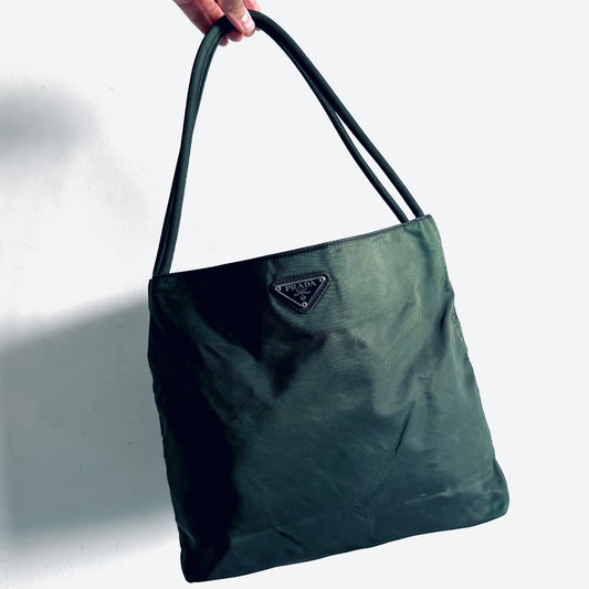 Prada Dark Khaki Green Tessuto Classic Logo Nylon Shopper Shoulder Tote Bag