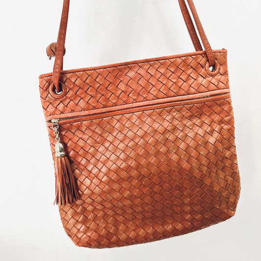 Bottega Veneta BV Burnt Caramel Brown Intrecciato Nappa Woven Leather Shoulder Sling Bag With Tassel