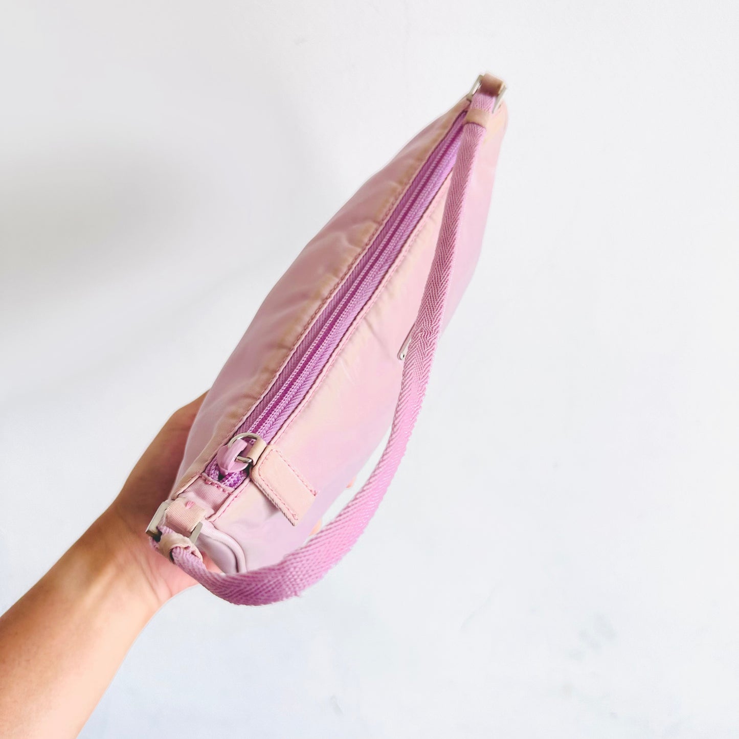 Prada Pink Tessuto Classic Monogram Logo Nylon Hobo Pochette Baguette Shoulder Bag
