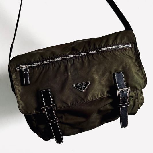 Prada Khaki Tessuto Classic Logo Nylon & Leather Flap Shoulder Sling Bag