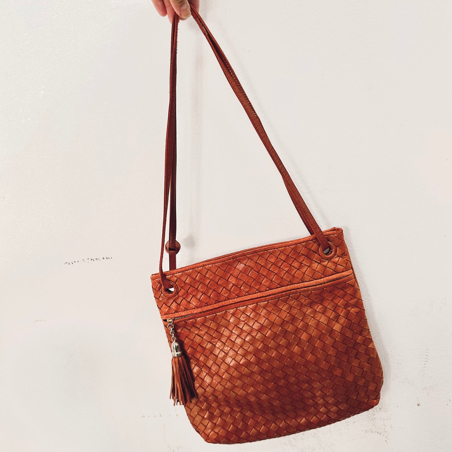 Bottega Veneta BV Burnt Caramel Brown Intrecciato Nappa Woven Leather Shoulder Sling Bag With Tassel