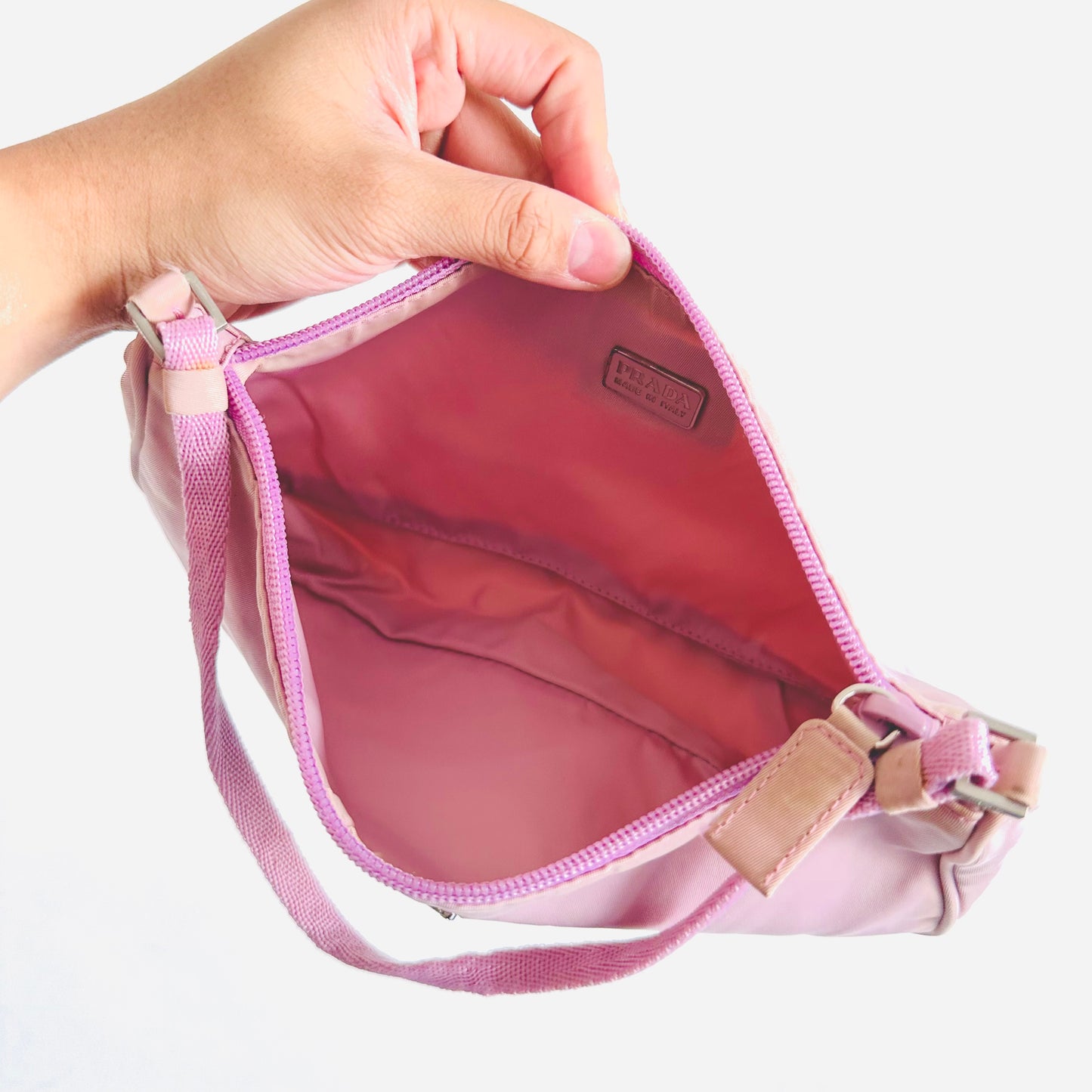Prada Pink Tessuto Classic Monogram Logo Nylon Hobo Pochette Baguette Shoulder Bag