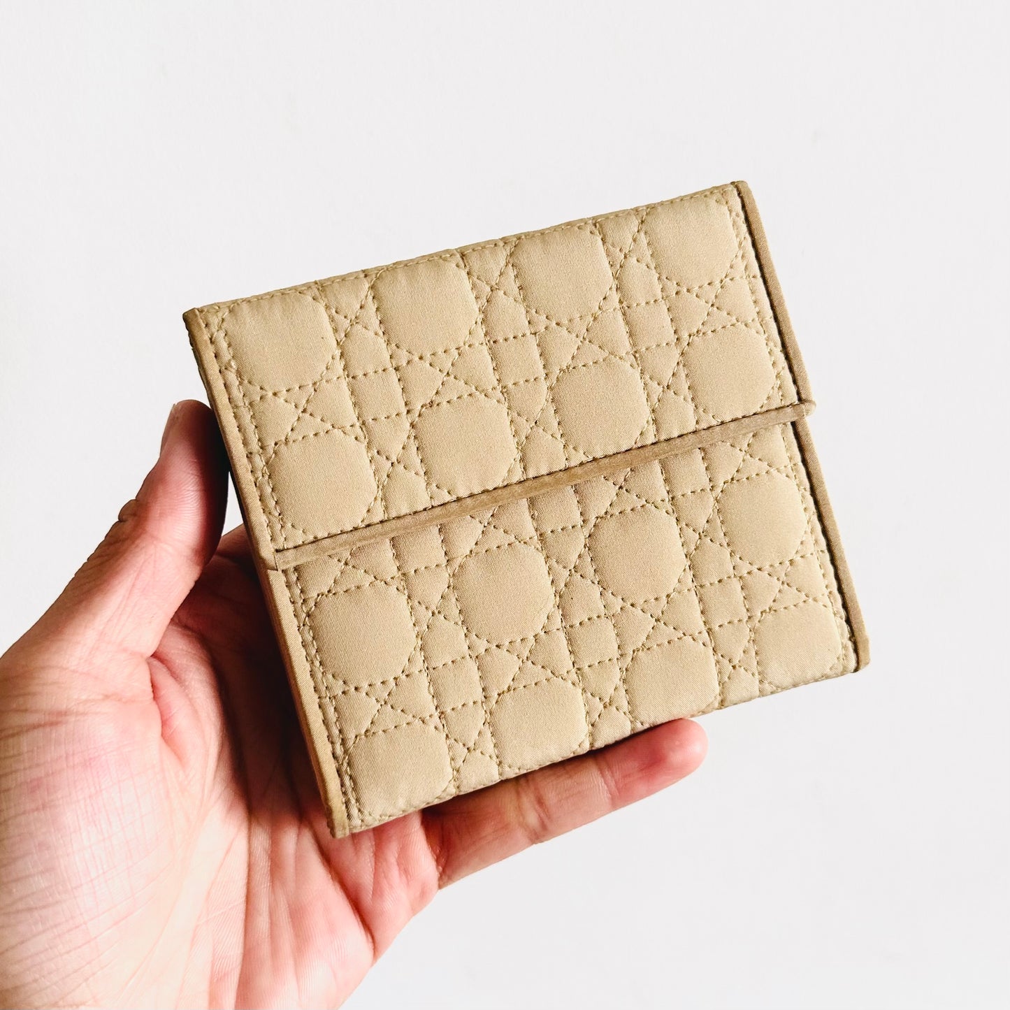 Christian Dior CD Lady Dior Beige GHW Cannage Quilted Jersey Monogram Logo Flap Compact Bifold Wallet