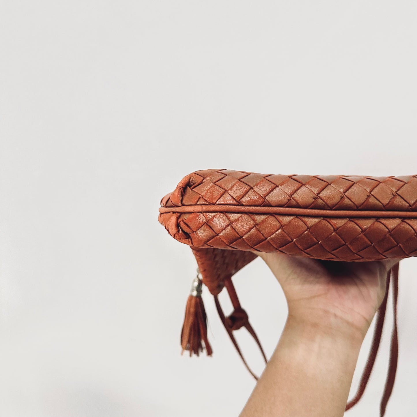 Bottega Veneta BV Burnt Caramel Brown Intrecciato Nappa Woven Leather Shoulder Sling Bag With Tassel