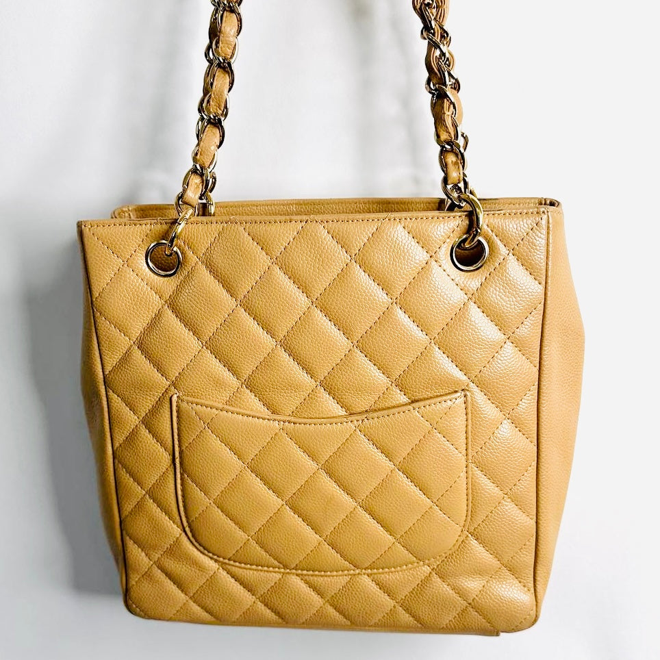 Chanel PST Beige GHW CC Giant Monogram Logo Quilted Caviar Vintage Petite Shopper Shoulder Tote Bag 8s