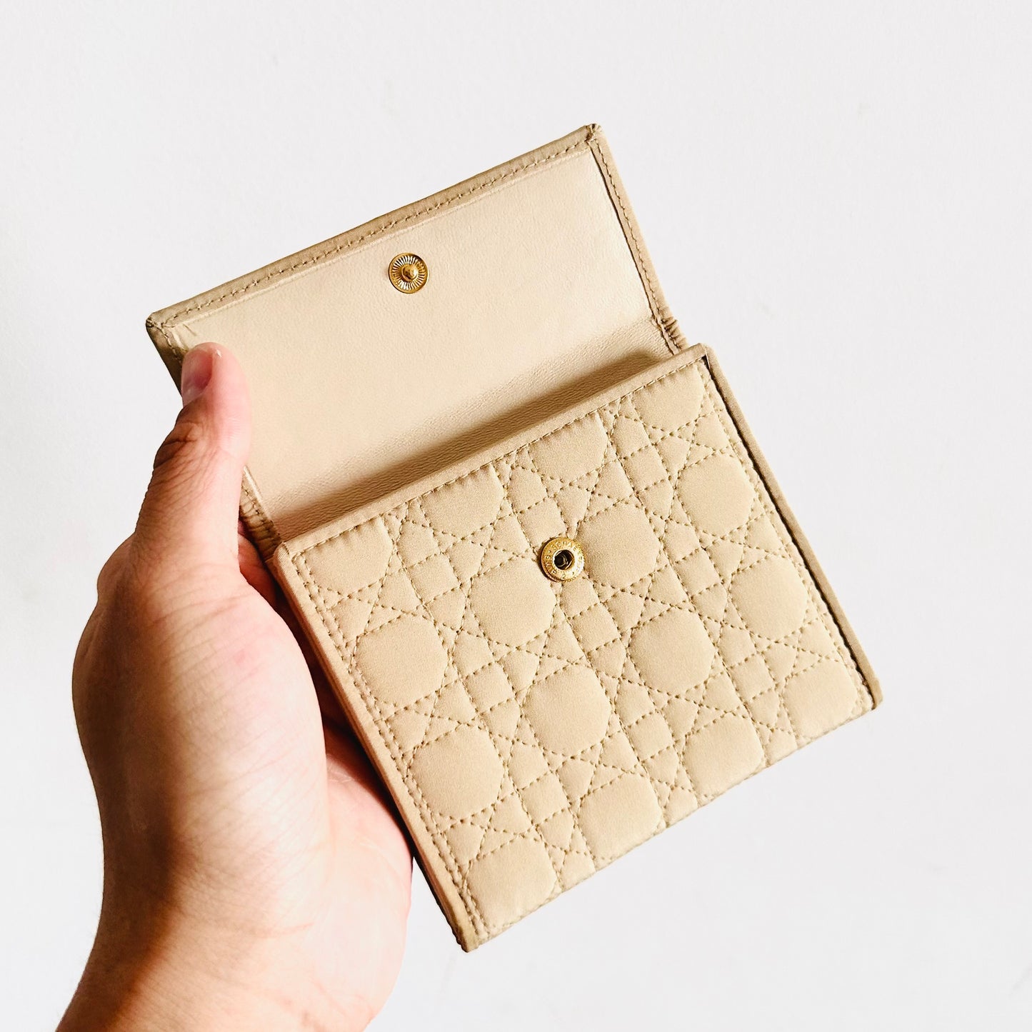 Christian Dior CD Lady Dior Beige GHW Cannage Quilted Jersey Monogram Logo Flap Compact Bifold Wallet