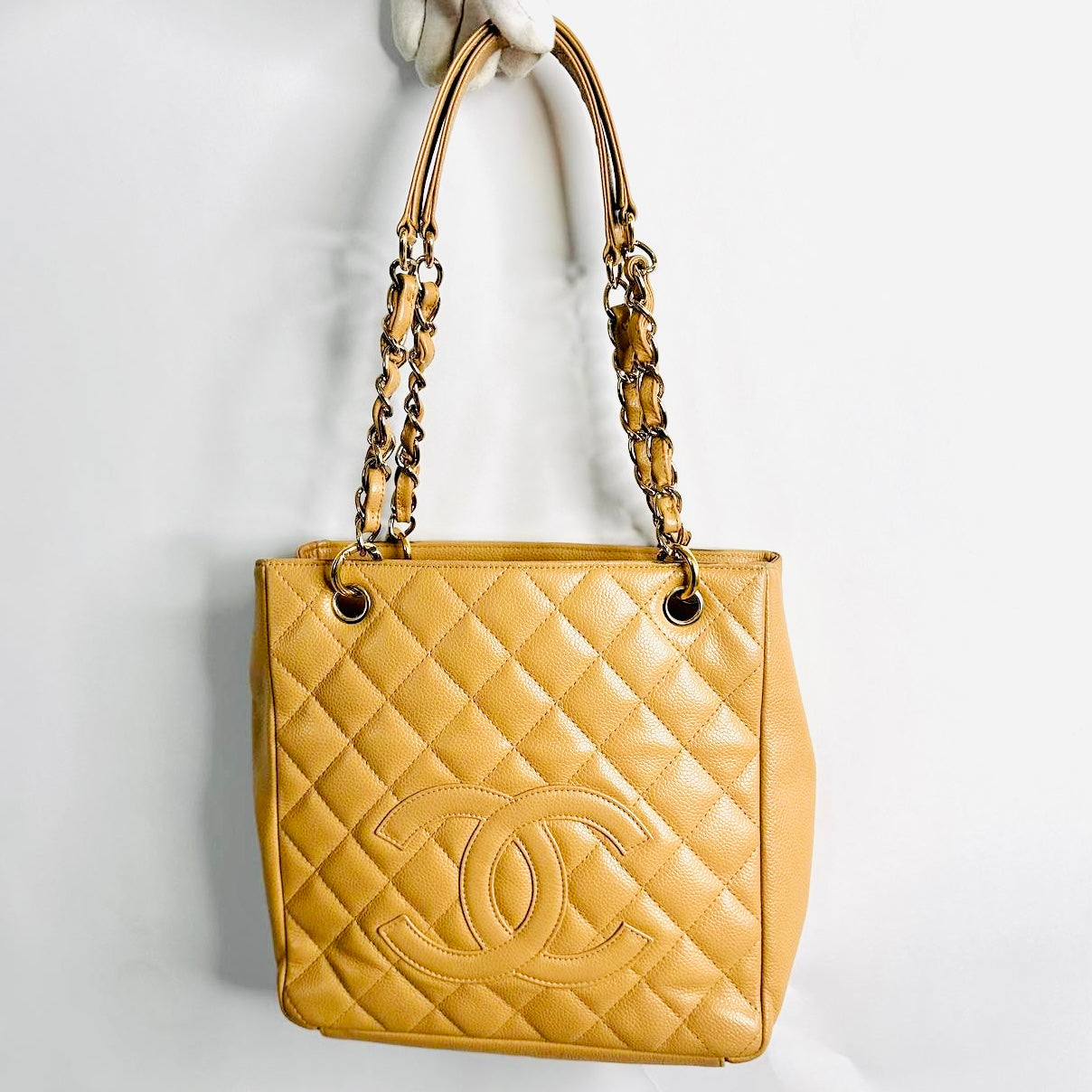 Chanel PST Beige GHW CC Giant Monogram Logo Quilted Caviar Vintage Petite Shopper Shoulder Tote Bag 8s