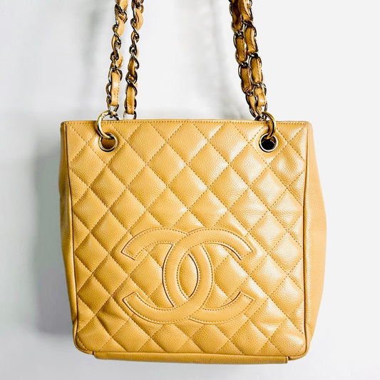 Chanel PST Beige GHW CC Giant Monogram Logo Quilted Caviar Vintage Petite Shopper Shoulder Tote Bag 8s
