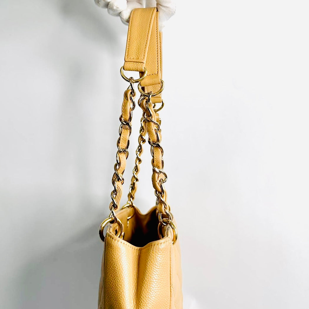 Chanel PST Beige GHW CC Giant Monogram Logo Quilted Caviar Vintage Petite Shopper Shoulder Tote Bag 8s