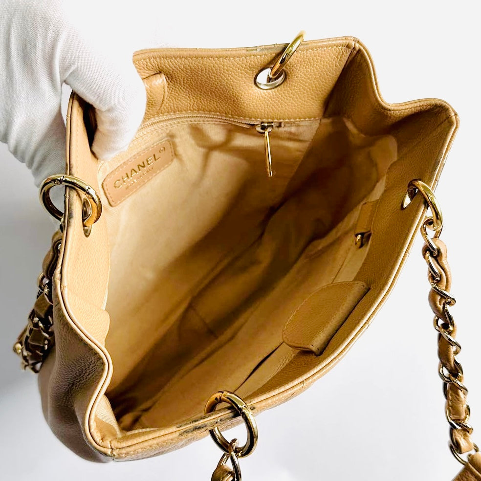 Chanel PST Beige GHW CC Giant Monogram Logo Quilted Caviar Vintage Petite Shopper Shoulder Tote Bag 8s