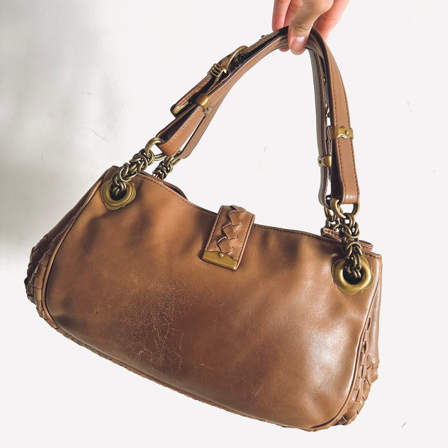 Bottega Veneta BV Intrecciato Caramel Brown GHW Napoli Nappa Woven Leather Flap Hobo Baguette Shoulder Tote Bag