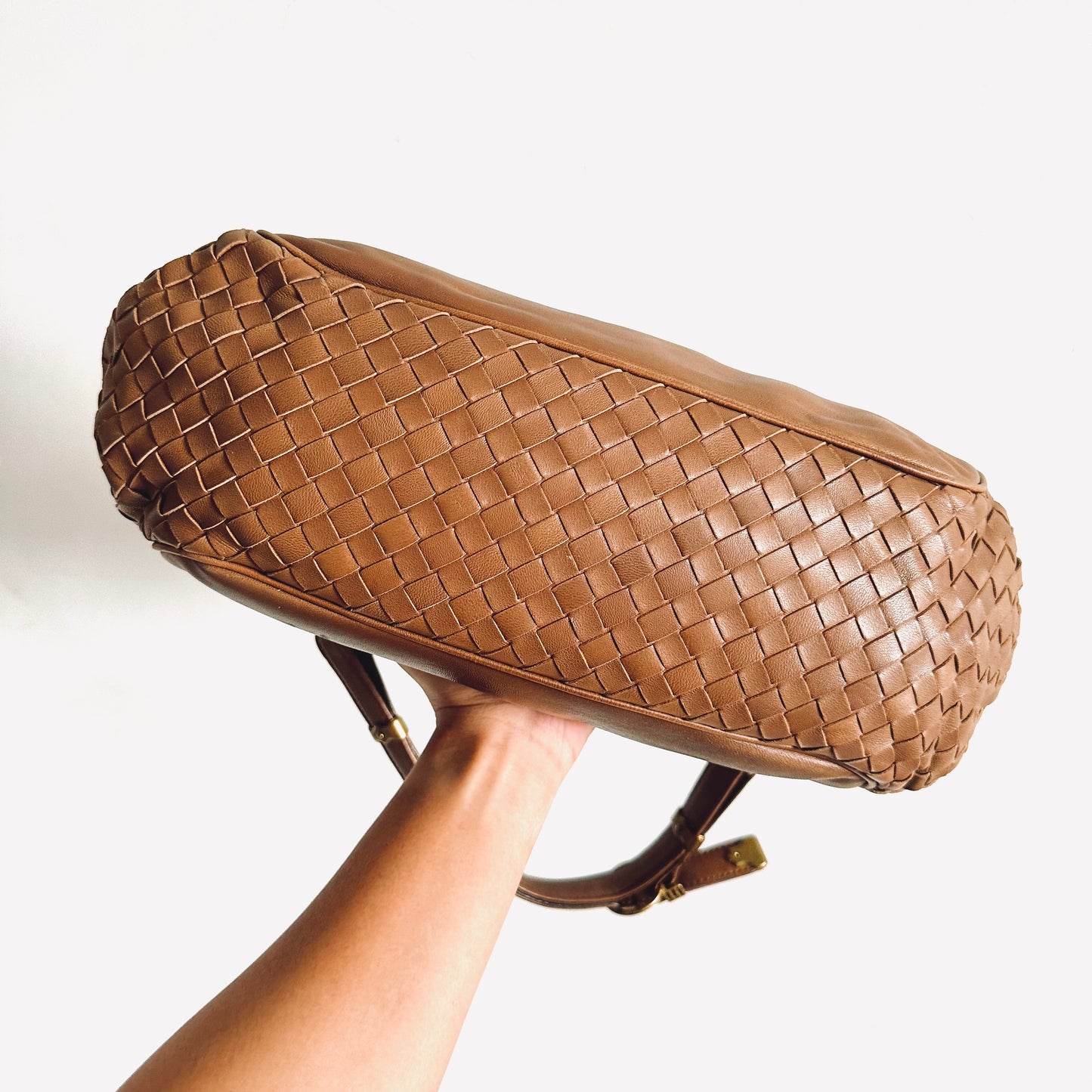 Bottega Veneta BV Intrecciato Caramel Brown GHW Napoli Nappa Woven Leather Flap Hobo Baguette Shoulder Tote Bag