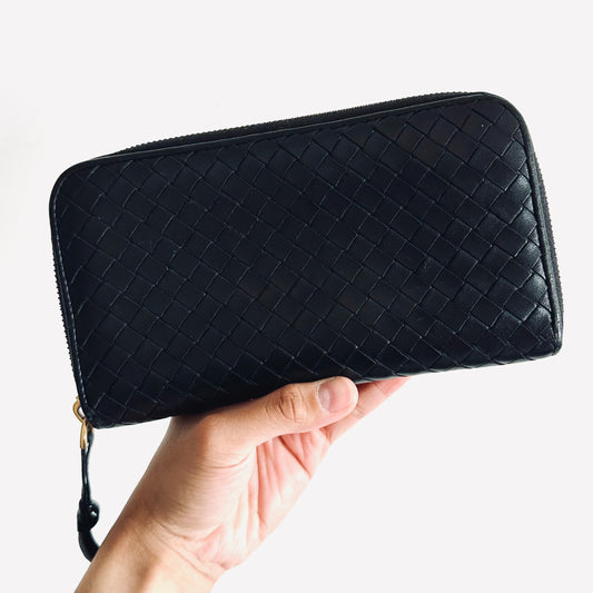 Bottega Veneta BV Black GHW Continental Intrecciato Nappa Woven Leather Zip Around Zippy Long Wallet