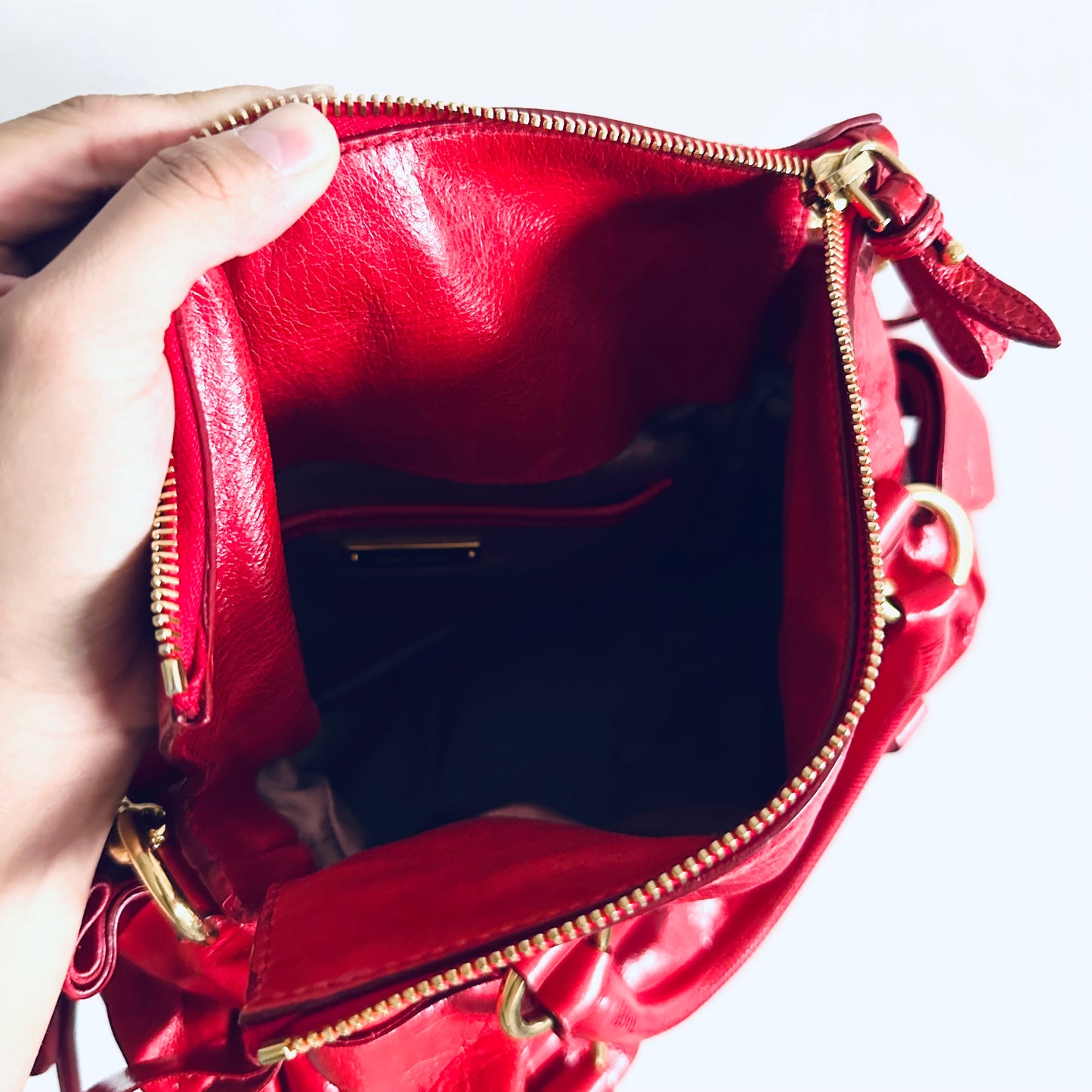 Miu Miu Cherry Red GHW Vitello Shine Bauletto Satchel Classic Logo 2-Way Shopper Shoulder Sling Tote Bag