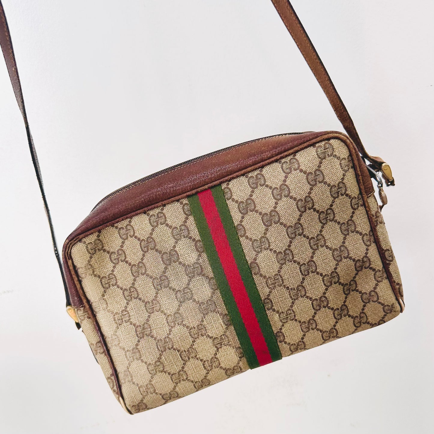 Gucci Ophidia Supreme Beige GHW GG Monogram Logo Web Striped Camera Shoulder Sling Bag