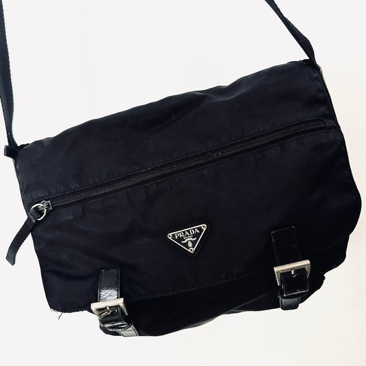 Prada Black Tessuto Monogram Logo Classic Flap Shoulder Sling Bag