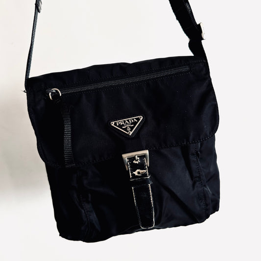 Prada Black Classic Tessuto Logo Nylon & Leather Flap Shoulder Sling Bag