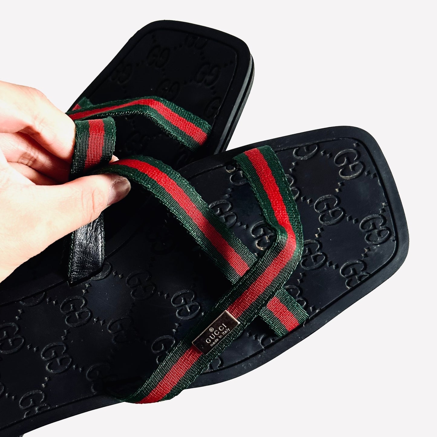 Gucci Black Cherry Line GG Monogram Web Striped Sandals Slippers Size 36