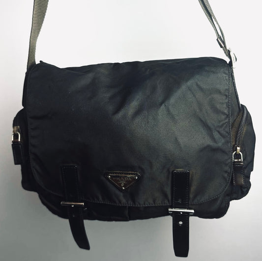 Prada Black Tessuto Monogram Logo Flap Shoulder Sling Bag