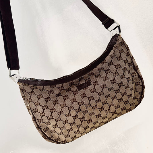 Gucci Beige / Brown GG Monogram Logo Half Moon Crescent Hobo Baguette Shoulder Sling Bag